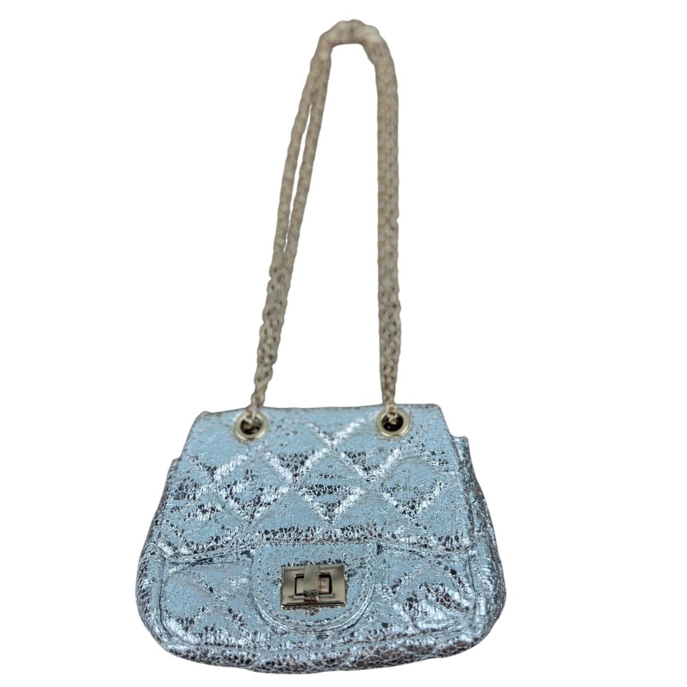 Girls Silver Metallic Quilted Mini Flap Crossbody Bag Gold Chain Strap‎